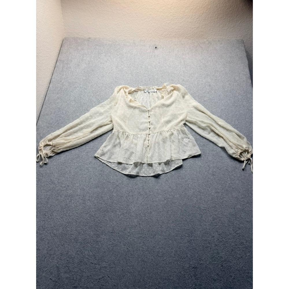 Zara Women Cream Swiss Dot Peplum Blouse Long Sleeve Button Front Top Small
